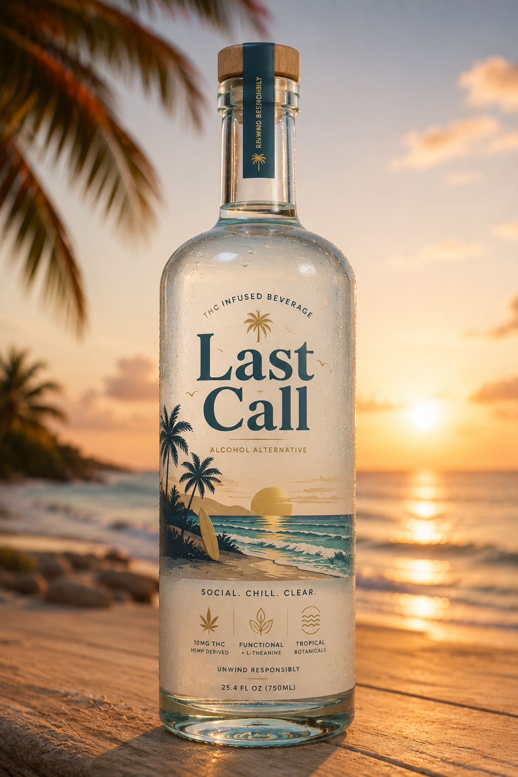 Last Call bottle on a beach at sunset